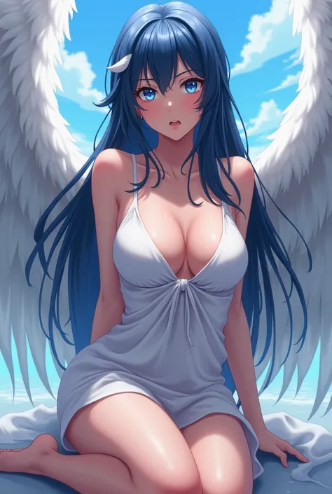 angelic style anime girl,with a voluptuous body and a large bust with a white dress with a low neckline and bare shoulders. Long dark blue hair with a white lock. sky blue eyes and an angry look looking up while sitting on the floor