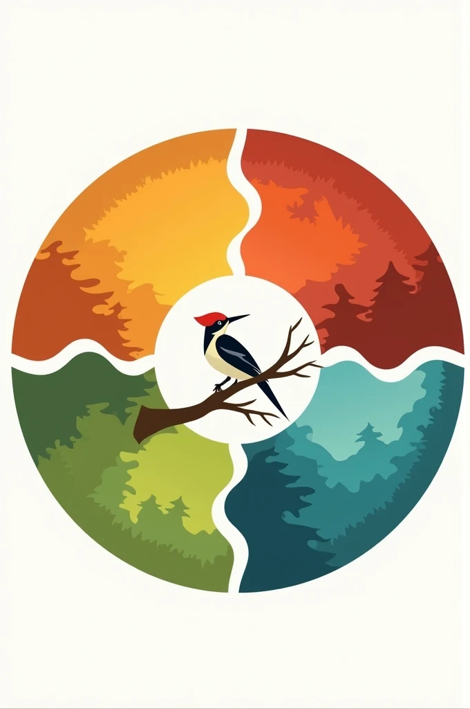 Main Image: A large circle divided into sections with bright colors representing different natural elements (green for forests, blue for oceans, yellow for deserts, etc.). inside the circle, A small woodpecker is perched on a branch connecting the colored ...