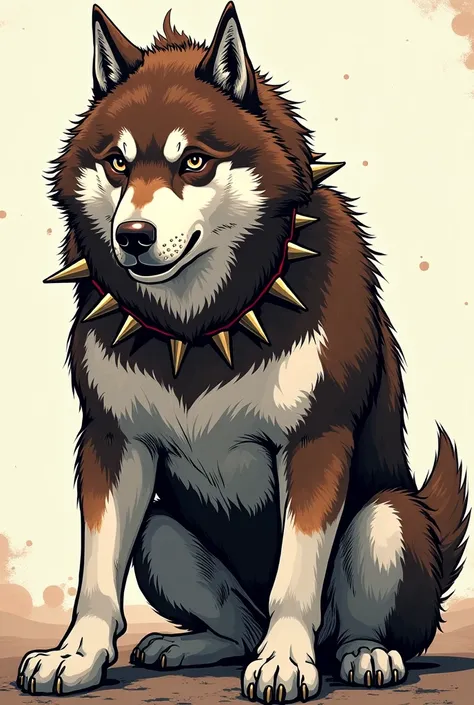 Siberian Husky with alert expression adult and furry, dark brown coat with dark brown eyes and collar with spikes, no back ground, image made in dc comics art