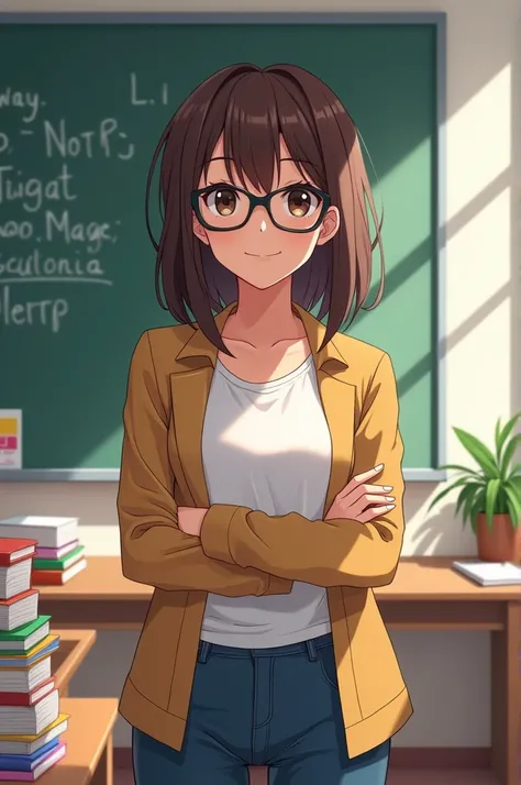 Create an anime-like image of a female teacher with shoulder-length brown straight hair with glasses and dark skin tone. 