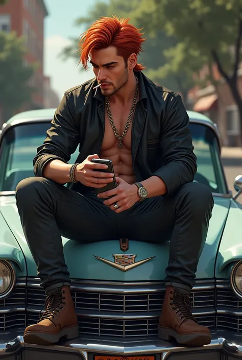 handsome 1 homem with short hair ruivo, corte Mullet Haircut, with cigarette in mouth, sitting on the hood of a Cadillac with his cell phone in his hand