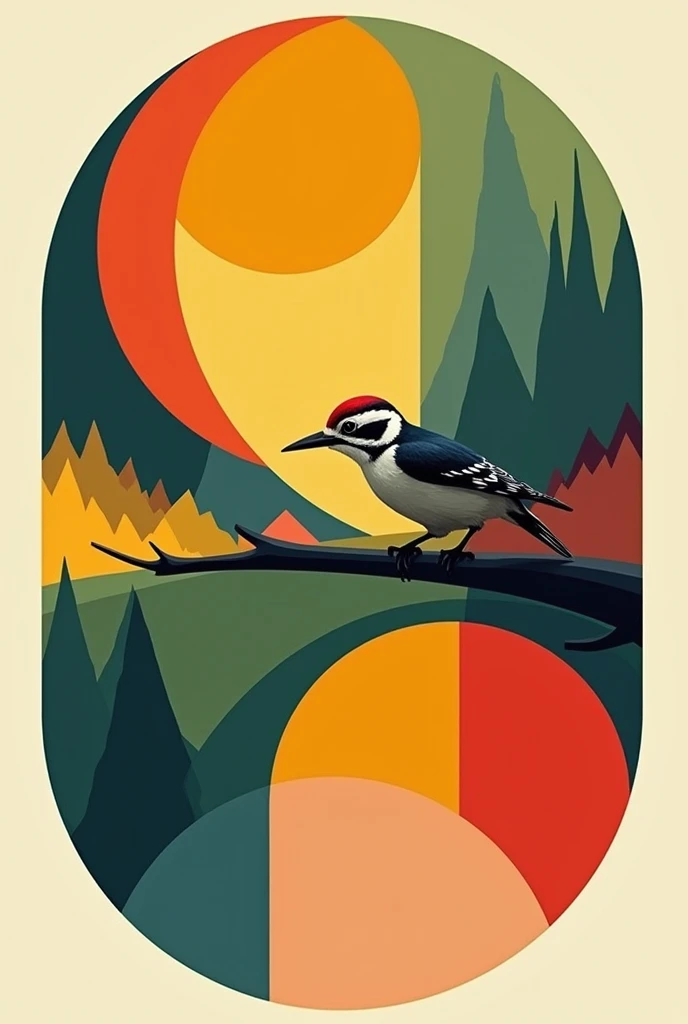 Main Image: A large circle divided into sections with bright colors representing different natural elements (green for forests, blue for oceans, yellow for deserts, etc.). inside the circle, A small woodpecker is perched on a branch connecting the colored ...