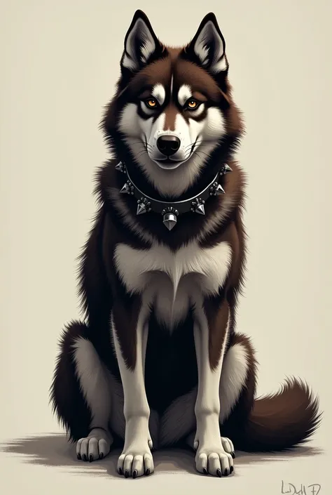 Siberian Husky with serious expression, sitting down and inviting face, adult and hairy, dark brown coat with dark brown eyes and collar with spikes, It has a kind of dark academia style, no back ground, image made in dc comics art