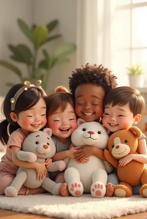 Several children of different sizes happy with their stuffed animals

