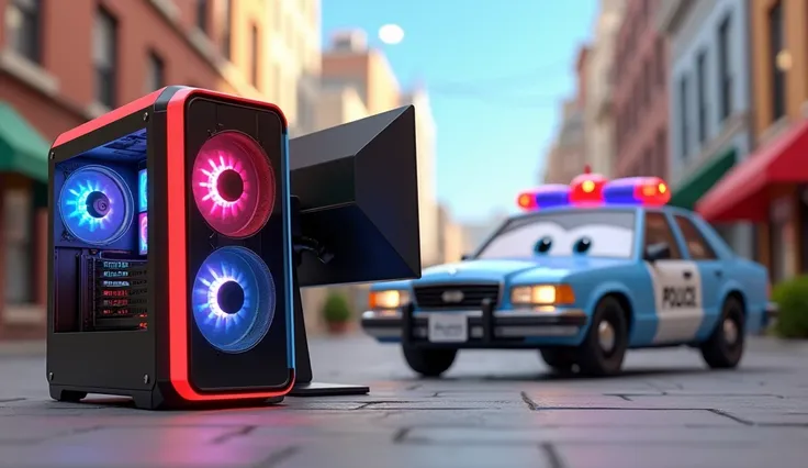 Im Stil von Pixar 3D-Animation filmen. A gaming PC and monitors stand on the street in front of a police car.