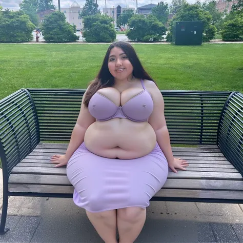 araffe woman in a purple dress sitting on a bench, she has a jiggly fat round belly, thicc, violet myers, sitting on a park bench, at a park, large thighs, beautiful thick female, profile picture 1024px, widest hips, her belly is fat and round, wearing in ...