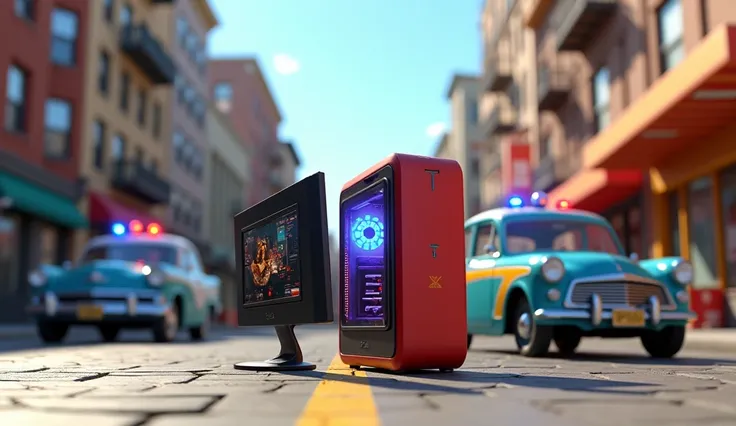 Im Stil von Pixar 3D-Animation filmen. A gaming PC and monitors stand on the street in front of a police car.