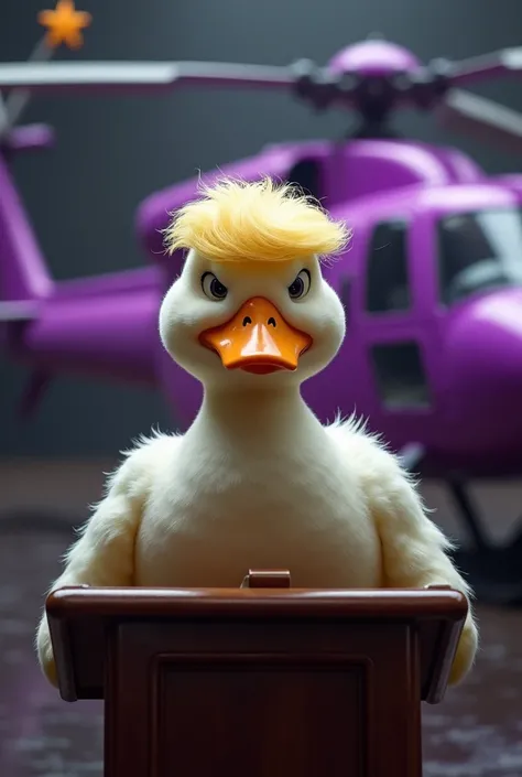 Duck Mafia with Donald Trump&#39;s Hairstyle, Soft fur, Standing and speaking behind the podium, The bullet flew past his head., Photo of a purple helicopter in the background