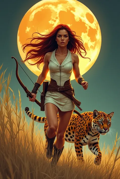 Beautiful female ranger long unruly dark red hair short  light white leather armour longbow running through high grass big jaguar cat harvest moon art deco style 