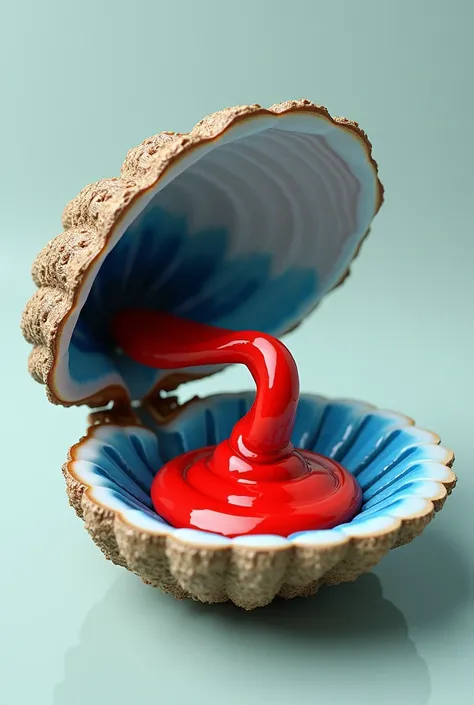 image of an open clam, with a red toothpaste ,blue white inside