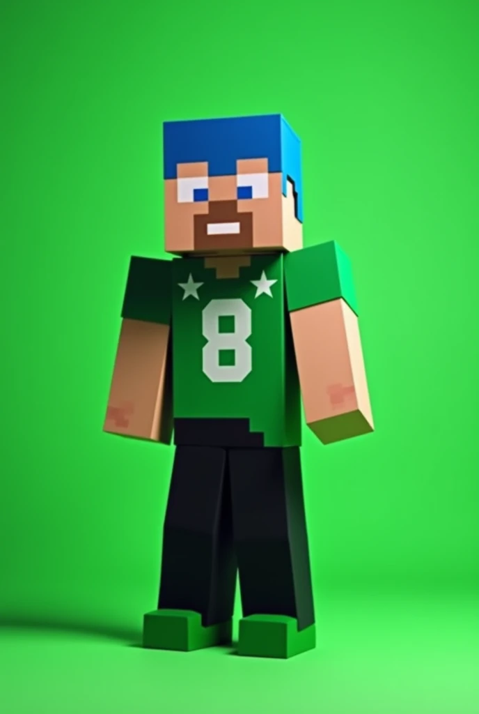 Male minecraft character, Caucasian skin, hair blue, green shirt with a white eight in the middle and two white stars above the eight, black pants, green shoe, cardboard style, posing for a photo to make it square, with green background