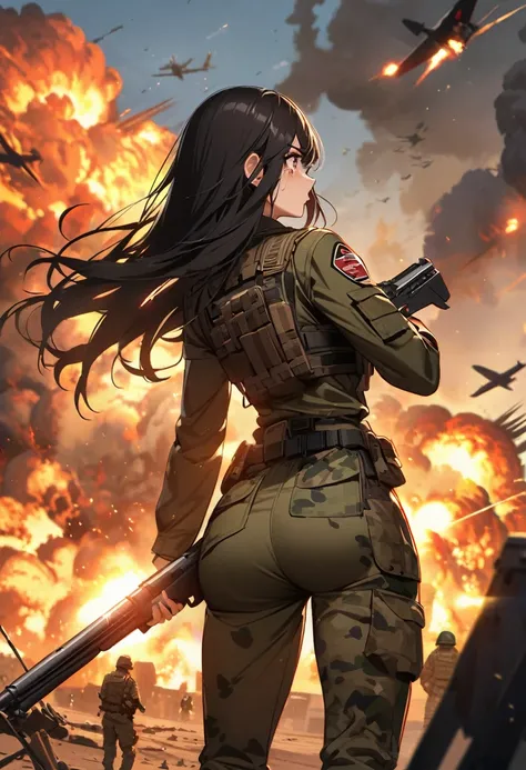 Woman, Bblack hair, Brown eyes, camouflage military clothing, camouflage pants, a gun in the hands, warplanes in the sky, in the midst of a war, big explosion in the background, scared, some bruises on the face, tears in the eyes, work of art, detailed out...