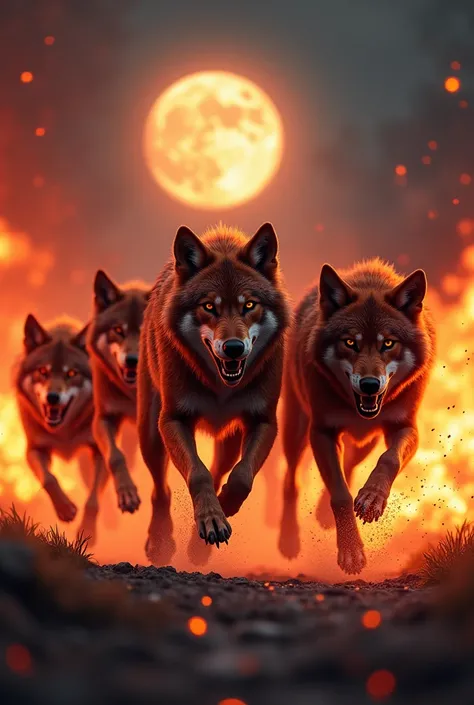 5 red wolves angry running lots of fire explosions night moon