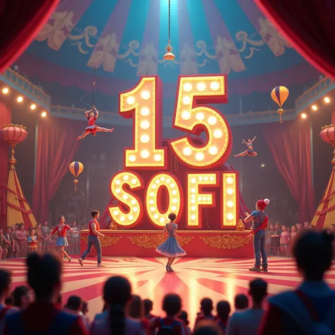 Design me a 3d circus image, and write in big letters 15 and Sofi in capital letters
