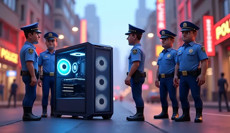 Im Stil von Pixar 3D-Animation filmen. A gaming PC and monitors stand on the street in front of some police officers.