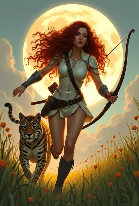 Beautiful female ranger long unruly curly dark red hair short  light white leather armour longbow running through high grass big jaguar cat harvest moon art deco style 