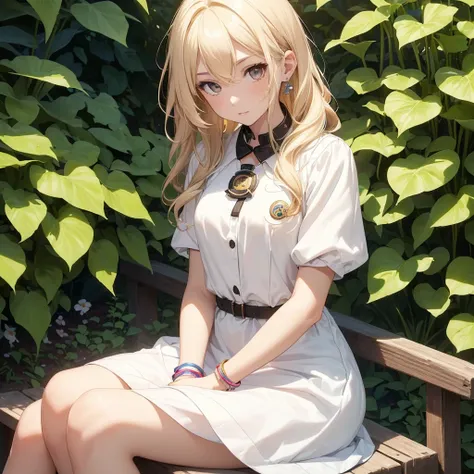 ((a single adult girl from the front view with white skin and a thin body with small breasts, she has wavy blonde hair, she wears an autism badge around her neck which is a colorful puzzle badge, she has several colorful bracelets on her wrist, she has lig...