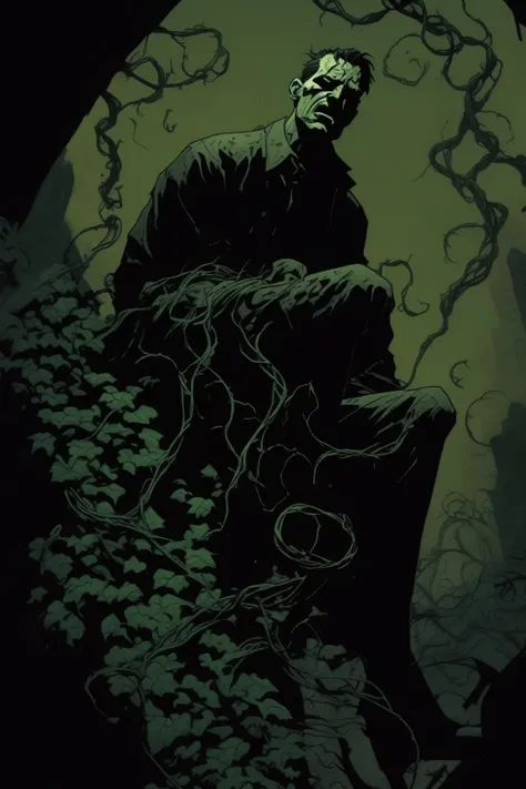 mike mignola style, dark sombre, green vines wrapped around a man's leg, screaming face, helpless, gothic, cinematic, chiaroscur...