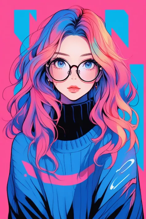 Illustrator, anime , Realistic ,sketch , 1 person, ,lip, sweater,order, Blue gradient background, Neon Hair,Texture Trim, Canadian, (masterpiece,Highest quality),Glasses