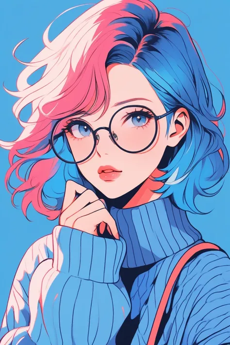 Illustrator, anime , Realistic ,sketch , 1 person, ,lip, sweater,order, Blue gradient background, Neon Hair,Texture Trim, Canadian, (masterpiece,Highest quality),Glasses