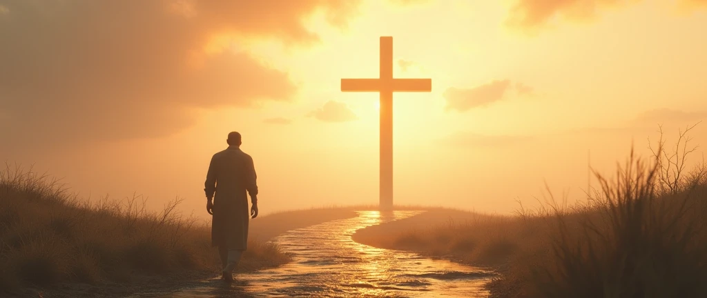 A man walking toward the cross, self-sacrifice, light, path, 3D illustration. 3d rendering