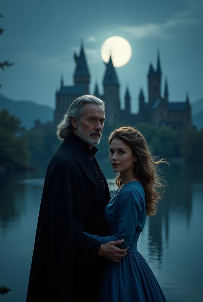 couple posing for a photo against a lake, Severus Snape (Alan Rickman) from Harry Potter, girl in a Victorian indigo colored dress, medium length hair curls mussed in the wind, beautiful couple, faces turned towards the camera, hogwarts, night, moon, glare...