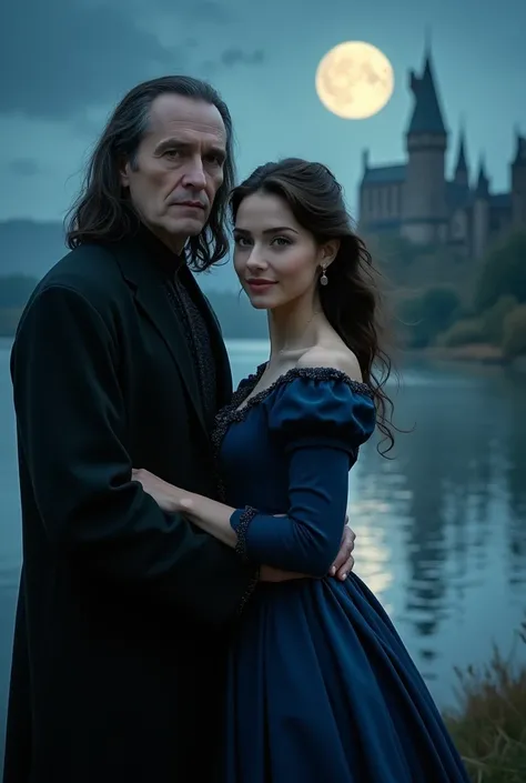 couple posing for a photo against a lake, Severus Snape (Alan Rickman) from Harry Potter, girl in a Victorian indigo colored dress, medium length hair curls mussed in the wind, beautiful couple, faces turned towards the camera, hogwarts, night, moon, glare...