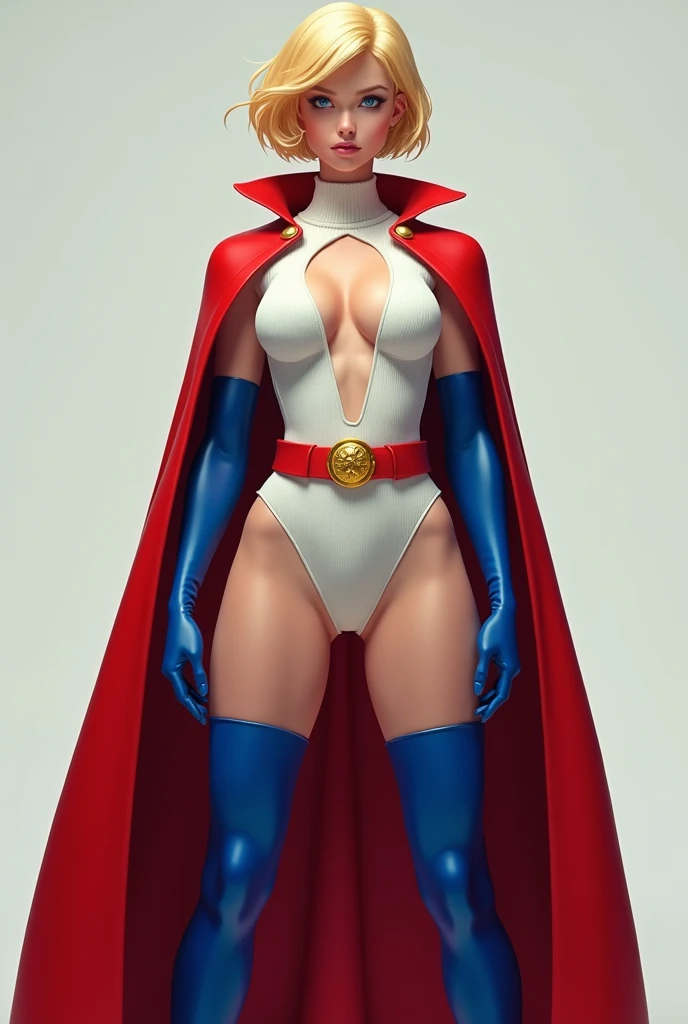 HYPER REALISTIC. A FEMALE WITH SHORT BLONDE HAIR, BLUE EYES WEARING A WHITE TURTLE NECK CORDROY LEOTARD WITH A CUT OUT HOLE ON THE CHEST, LONG BLUE GLOVES, TALL BLUE BOOTS, A RED WAIST BELT WITH A SOLID GOLD MEDALLION, AND A LONG RED CAPE ATTACHED AT THE N...