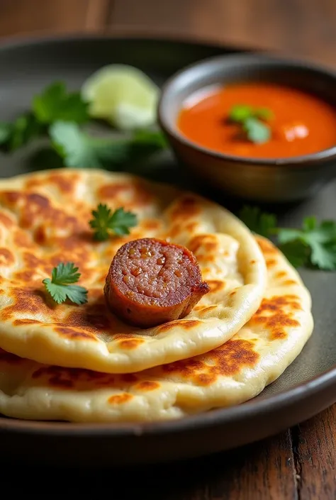 make round Malaysian roti canai with sausage filling on top of the bread and dipped in curry sauce