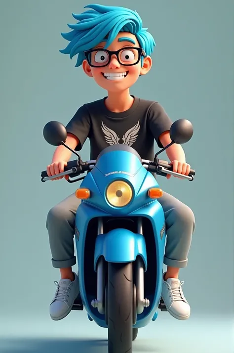 Blue haired man with glasses happy face black winged shirt blue motorcycle gray pants white tennis shoes 