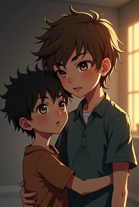 A small black-haired boy with hazel eyes next to a tall boy with brown hair and blonde highlights and light brown eyes in a possessive and jealous environment 