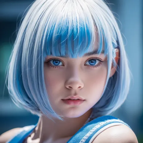 Asian short straight white hair, blue fringes ,blue colored eyes, adolescent. hyper realist, high qualiy.