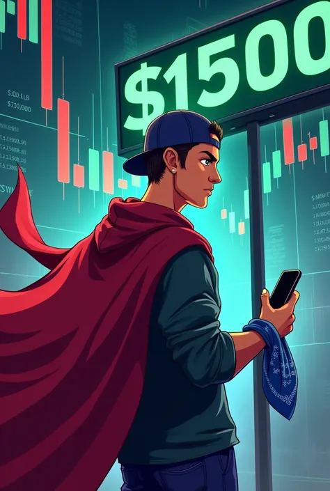 Create an image for trading. There is supposed to be a man in the picture. One wears a cap backwards and a blue bandana in his right hand. Should he wear a wonderful money. In the left hand should look at his mobile phone. In the picture you should see red...