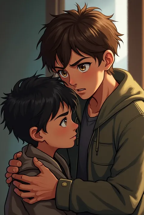 A small black-haired boy with hazel eyes next to a tall boy with brown hair and blonde highlights and light brown eyes in a possessive and jealous environment 