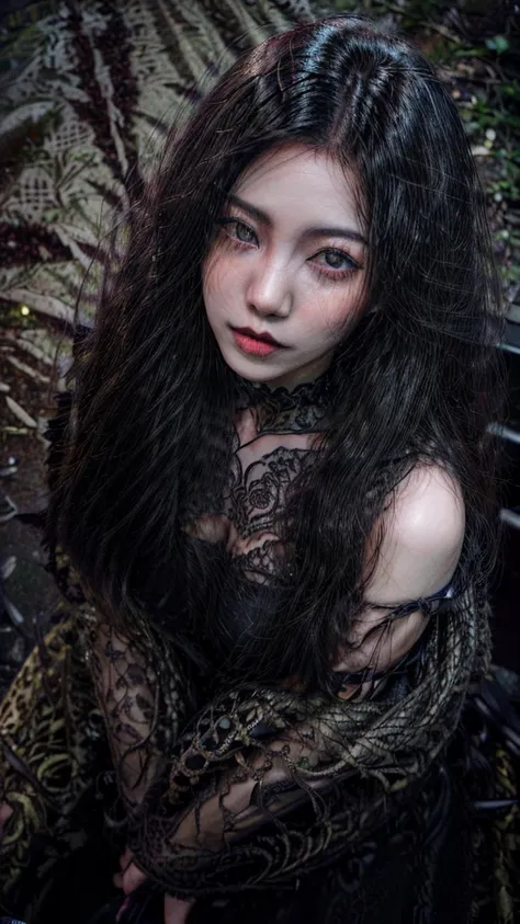 ((1 girl)), ((only one woman), a highly detailed photorealistic image, half-body, a close up of a beautiful japanese woman, long hair with bangs, dreamy gothic girl, gothic make-up, she is a vampire, beautiful face, detailed face, elegant render, half body...