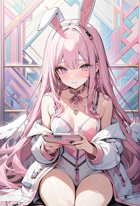 ,playing mobile game々）, sexy innocent angel girl, pink heart shaped choker, (masterpiece, highest quality), official art, beautiful and aesthetic: 1.2), (1 girl), very detailed, (geometry art: 1.3), pink colorful、silver pink long hair、bunny ear、 whole body...