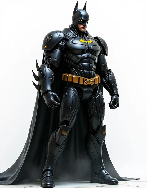 Generate a concept in AI，AI，Half Body，Mecha like Dcs batman fullcolor black armor, Technology，Surreal, white background