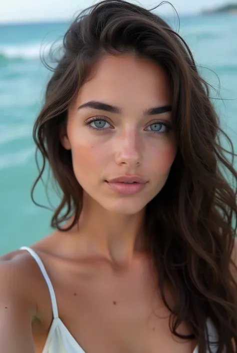 Closeup photo, Selfie Photo, arafed beautiful 22 y.o Beautiful brunette, with an innocent face, and naturally wavy hair, a girl stands in a white bikini swimsuit in the ocean up to his stomach in water, a character portrait by Tobias Stimmer, Shutterstock,...