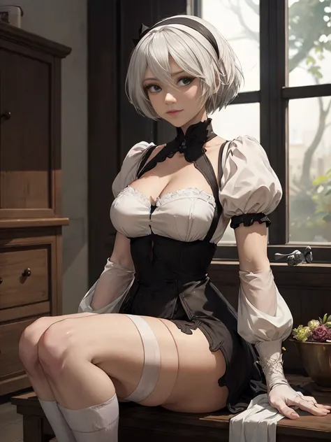 she is wearing a huge white sock, adult Luna the first descendant: nier:Beautiful cosplay of 2b from Automata、A woman cosplaying as 2b、Caucasian skin、Cao Cao、2、English、nier:2b&#39;Automatas black costume、light background、fancyな白い教会を背景に、standing, tranquil, ...