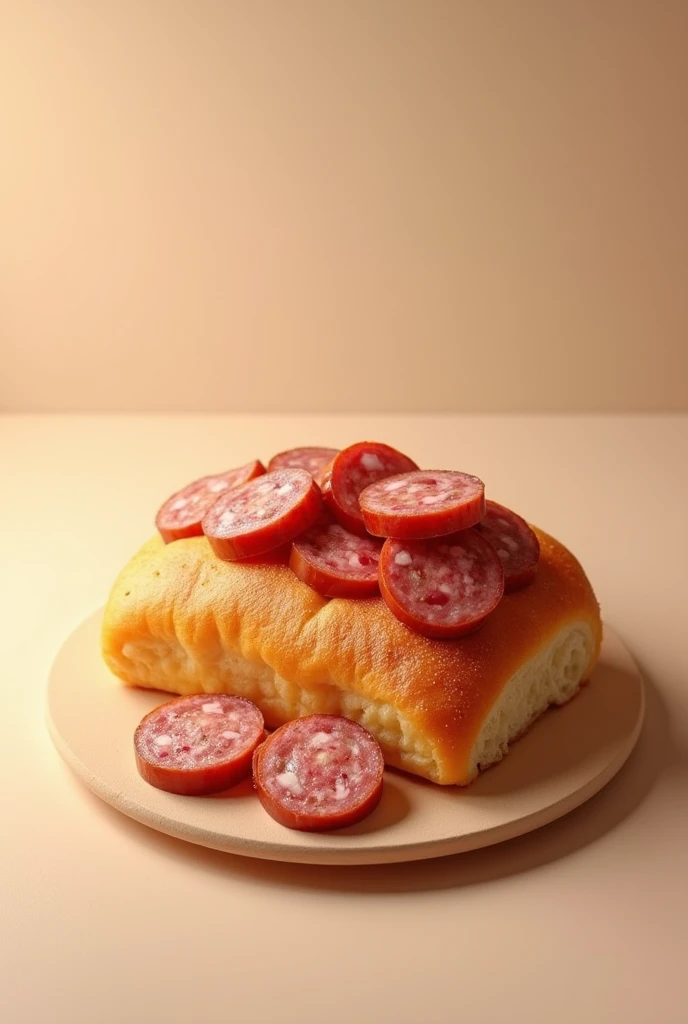 make a piece of canai bread and a piece of sausage on it that is cut into pieces