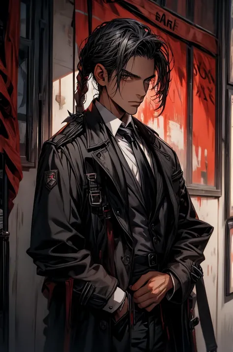 1 boy,  reddish eyes, latino, black trench coat, black necktie, black pants, bloodstains, Braid, Braided ponytail, business Suit, trench coat, collared chemise, formal, high-waist pants, high resolution, Inside the house, looking ahead at viewer, necktie, ...