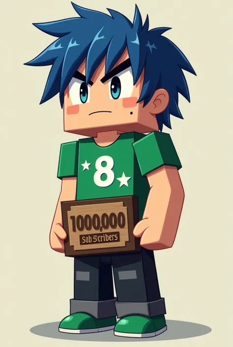 Make a cartoon image of a minecraft character, Caucasian skin, hair blue, green shirt with a white eight in the middle and two white stars above the eight, black pants, green shoe, and holding a 100k youtube plaque, make him serious