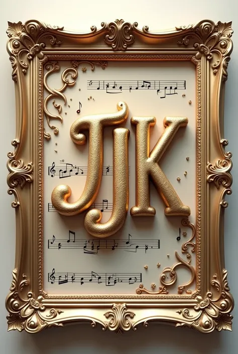 Image of the letters JSJK in 3d,   with musical notes , elegant frame 