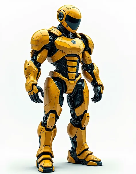 Generate a concept in AI，AI，Half Body，Mecha like Marvels Hulk full color yellow and rust armor, cyberpunk hi tech helmet, Technology，Surreal, white background