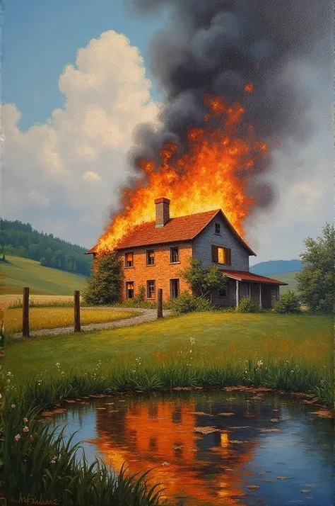 An oil painting of a burning house in the style of Claude Monet