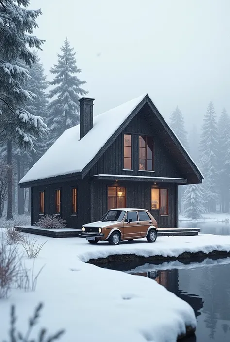 House at a lake made from dark wood, no chimney snowstorm vw golf 2 infront