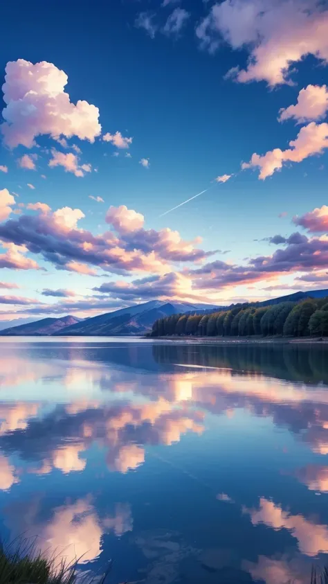 A calm lake，Blue sky，White Cloud，Sunset，best quality，8K，Shock。