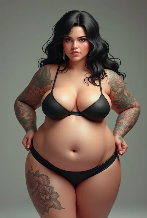 (((morbidly obese woman))), ((obese body)), (((SSBBW))), nude breasts,big round belly, many American traditional tattoos, black hair, cute chubby face, tiny short-shorts, 4k, highly detailed realistic image