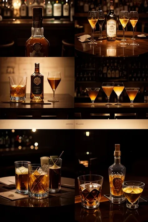 Collage of 9 drawings. Each drawing contains a glass with a bottle of expensive drinks.. Cognac , whiskey, vodka, martini brands "Night flower" written on the bottles. lux, restaurant, 