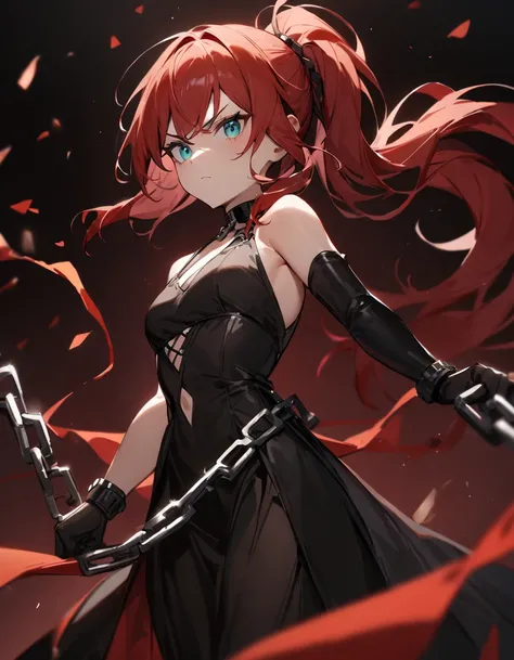 1girl,deep orangered ponytail hair,turquoise eyes,serious,small breasts,black clothes,.break the chain,(broken chain),masterpiece, best quality, very aesthetic, absurdres